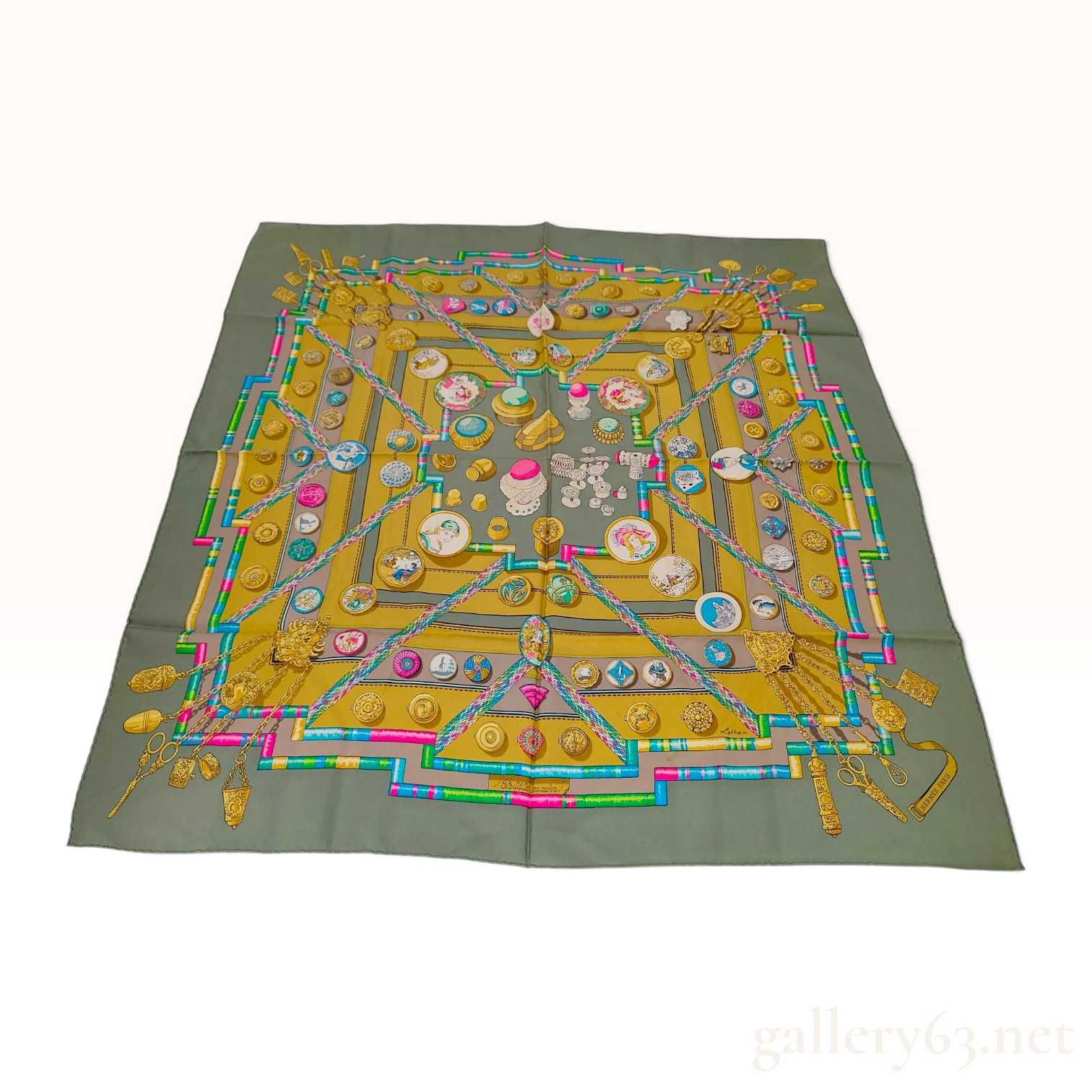 Vintage Hermes Petite Main Olive Green Silk Scarf 90