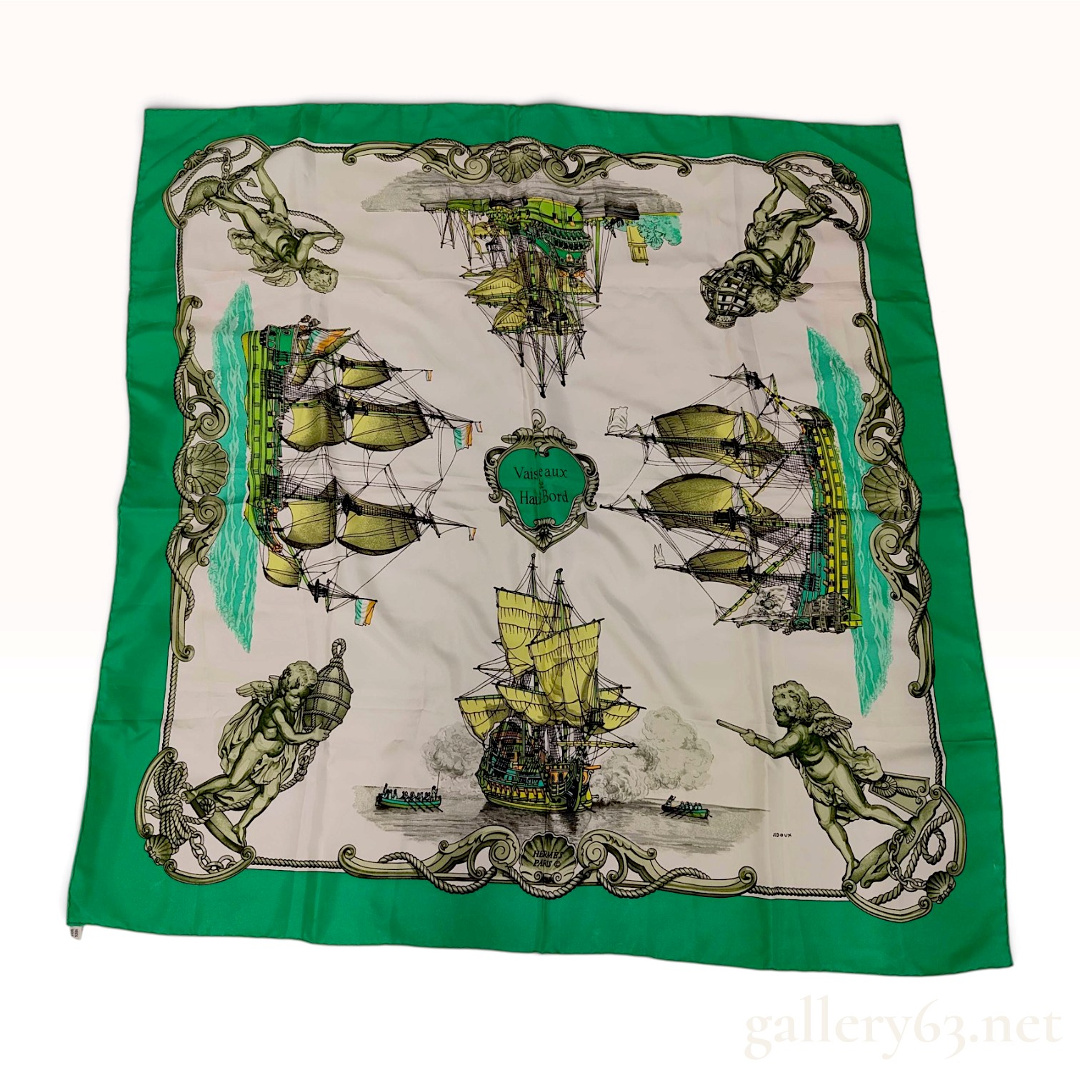 Vintage Hermes Vaisseaux de Haut-Bord Green Silk Scarf 90