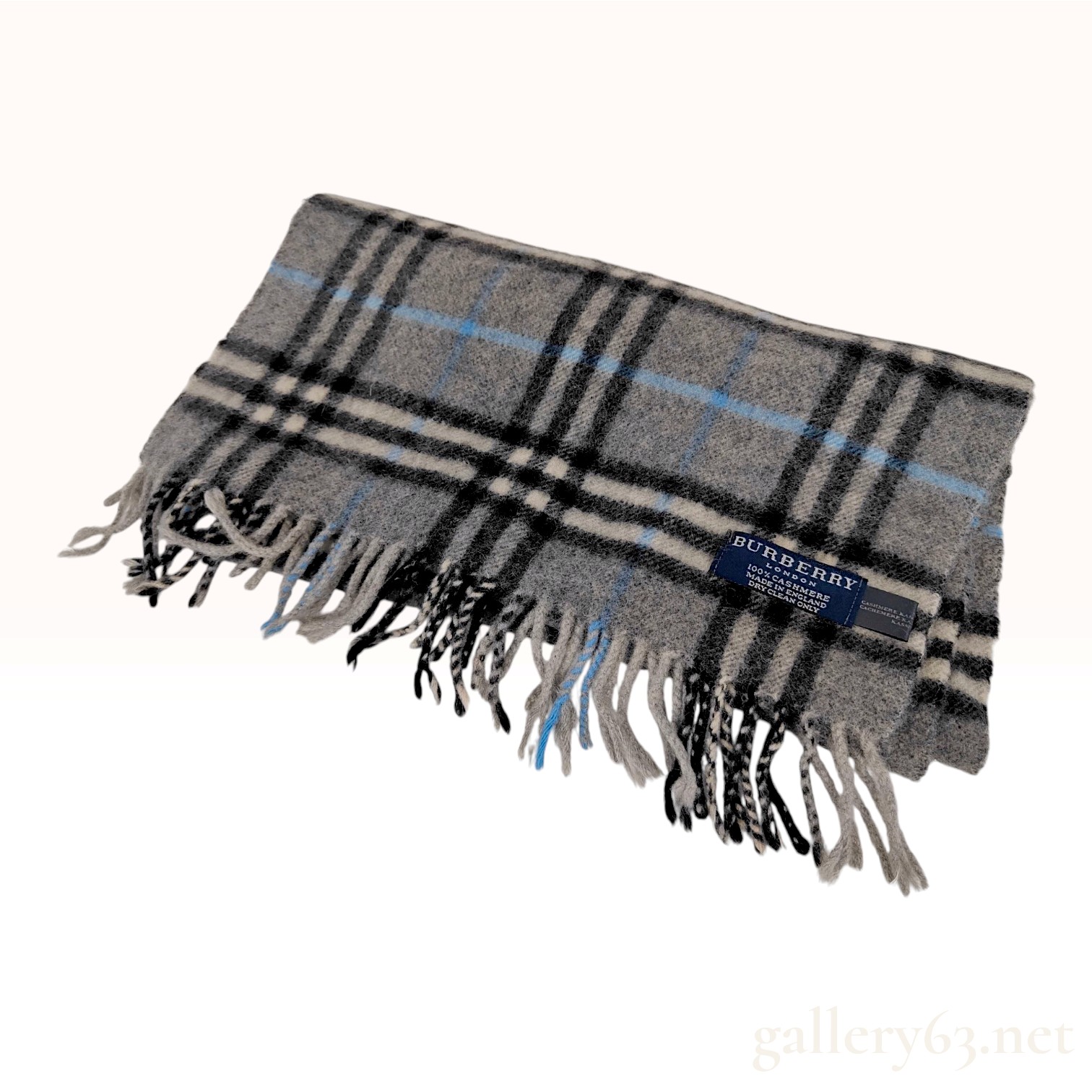 Burberry Check Gray and Blue 100% Cashmere Scarf