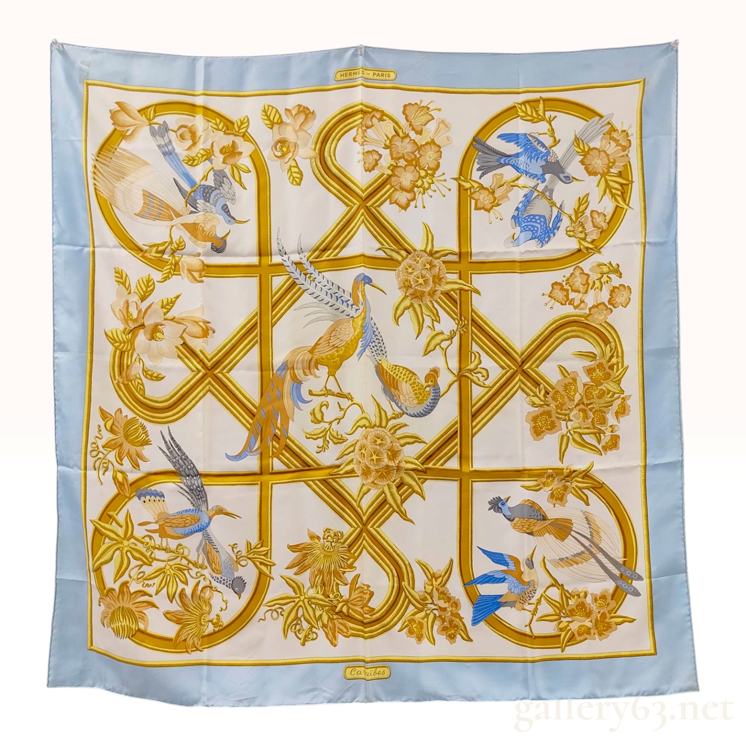 Vintage Hermes Caraibes Blue Silk Scarf