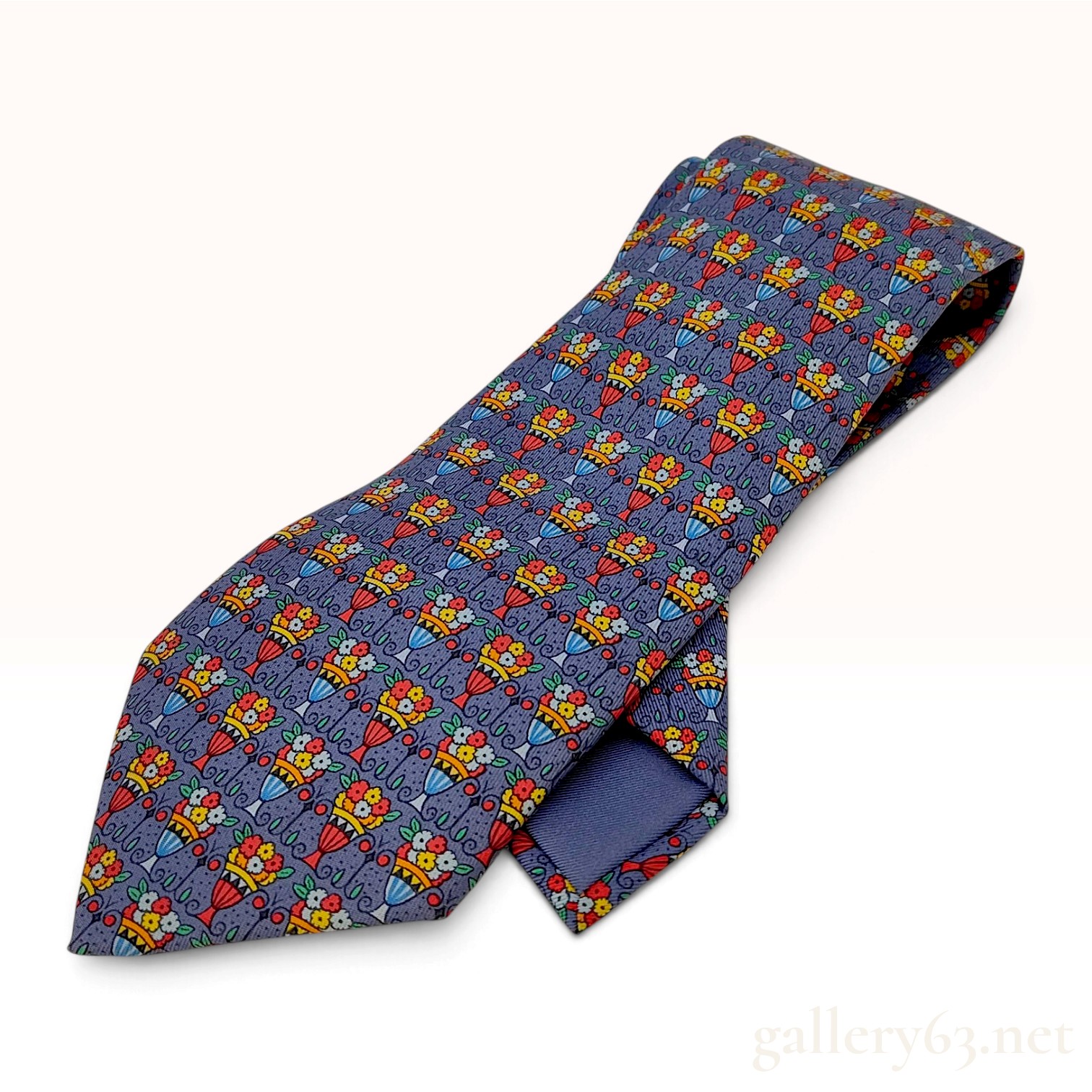 Hermes Jardin Flower Basket Blue Silk Tie