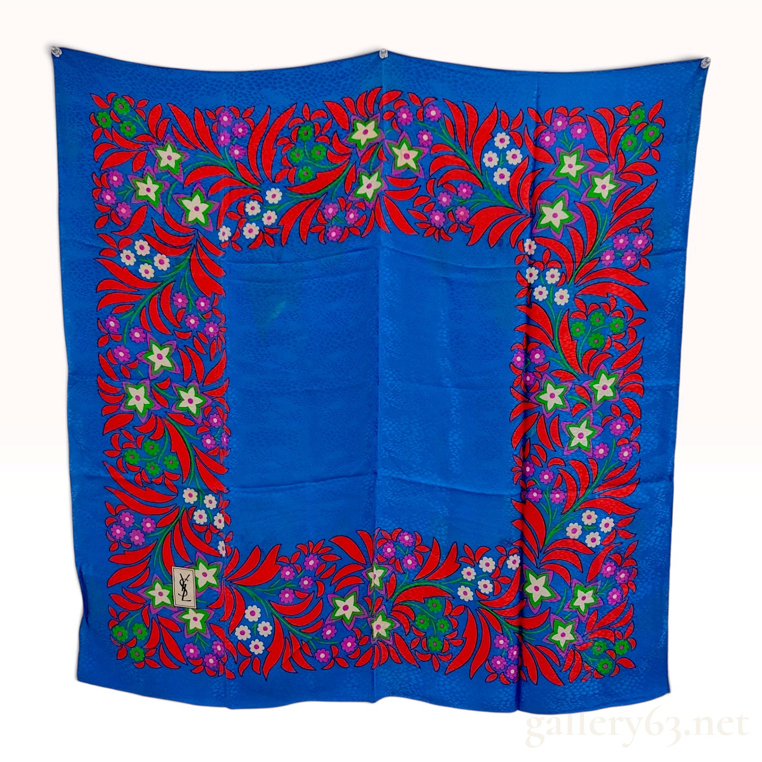 Vintage Yves Saint Laurent Floral Border Blue Silk Scarf