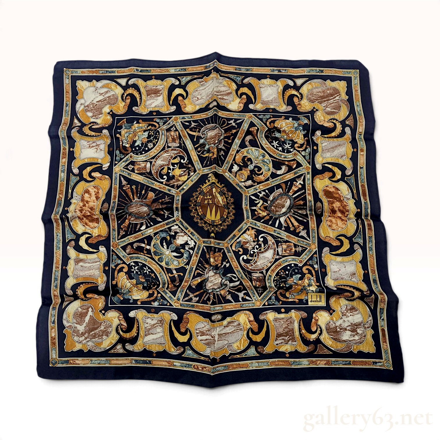 Dunhill Heraldic and Musical Motif Navy Blue Silk Scarf