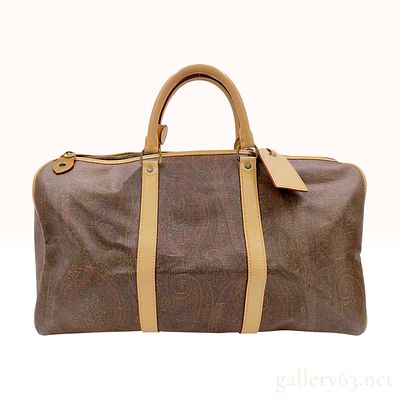 Vintage Etro Paisley Coated Canvas Brown Boston Duffle Bag with Padlock. Classic Etro travel 