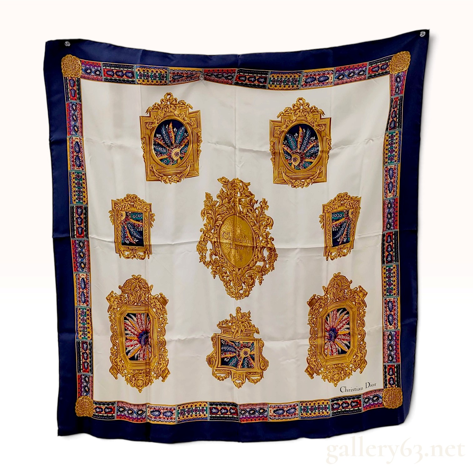 Vintage Christian Dior Baroque Frame Navy and Cream Silk Scarf with Takashimaya Box
