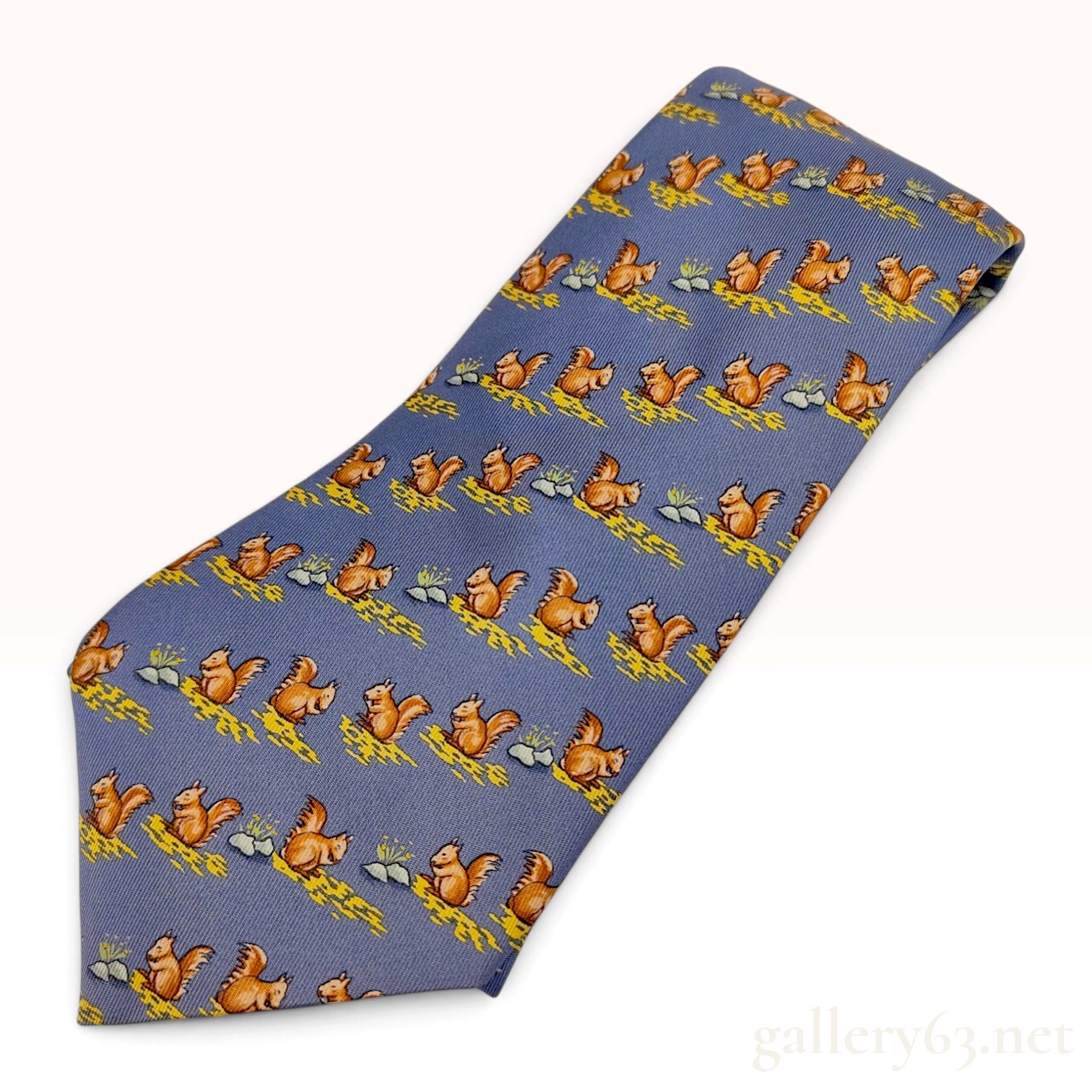 Hermes Squirrel Pattern Blue Silk Tie