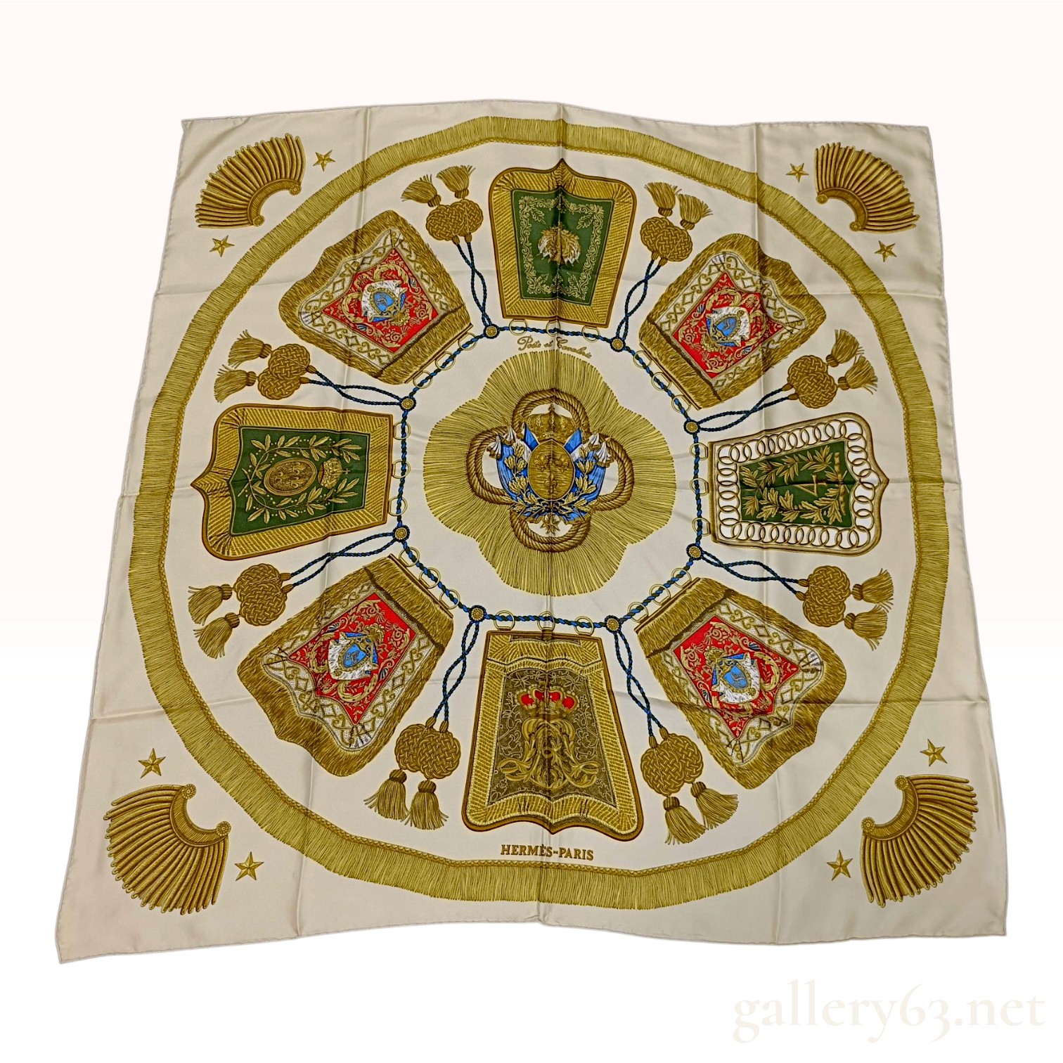 Vintage Hermes Poste et Cavalerie Gold Silk Scarf Carre 90 with Folder
