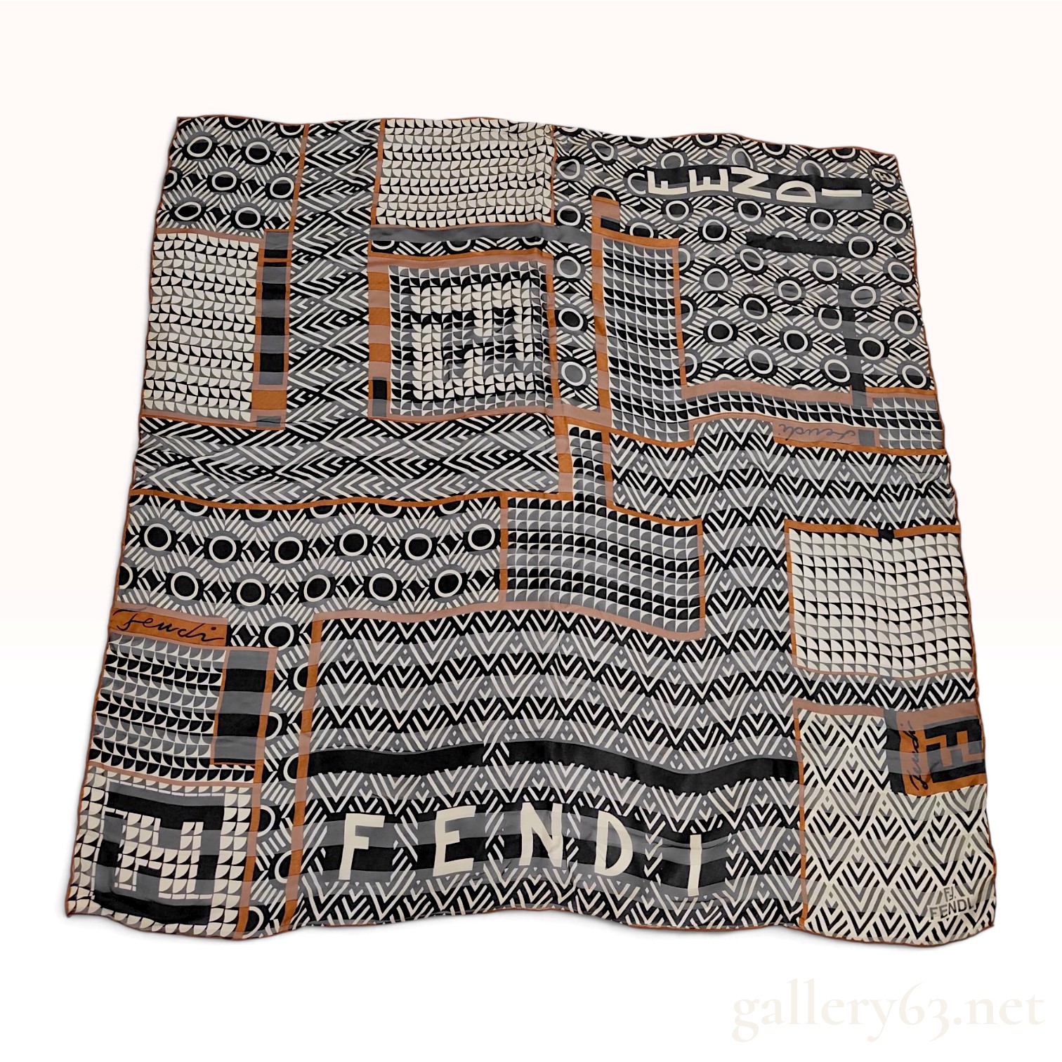 Fendi Geometric Patchwork Pattern Black and White Silk Scarf