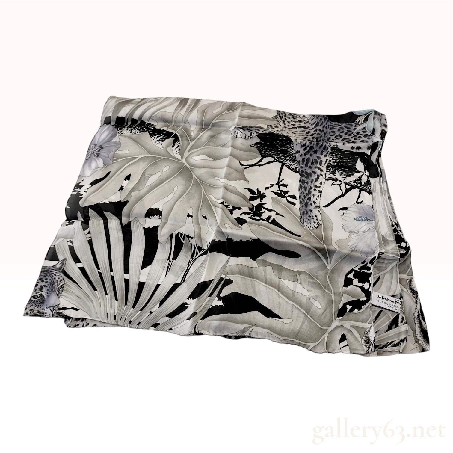 Salvatore Ferragamo Jungle Leopard Monochrome Silk Scarf With Folder
