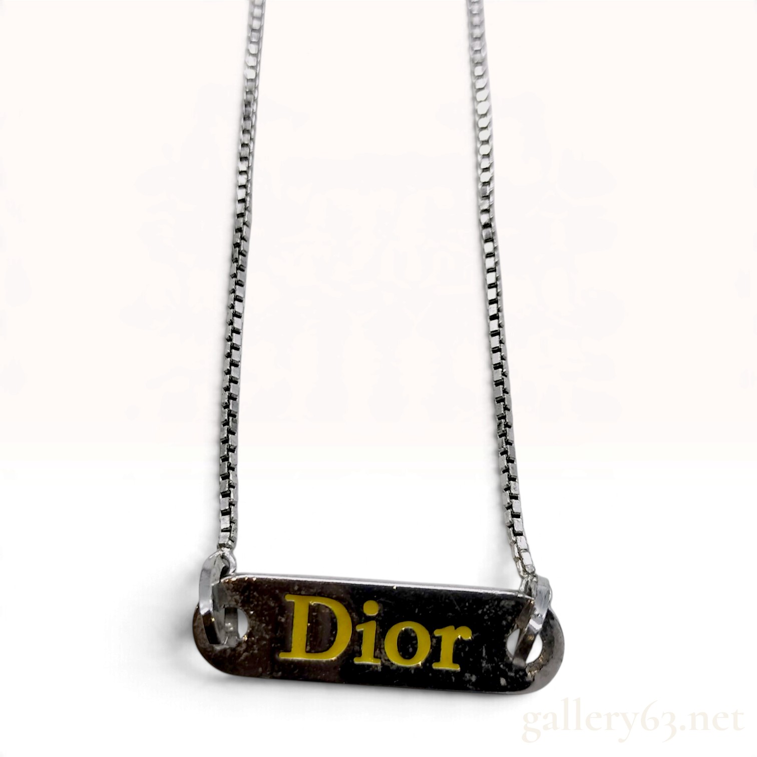 Vintage Dior Logo Plate Pendant Silver Tone Box Chain Necklace