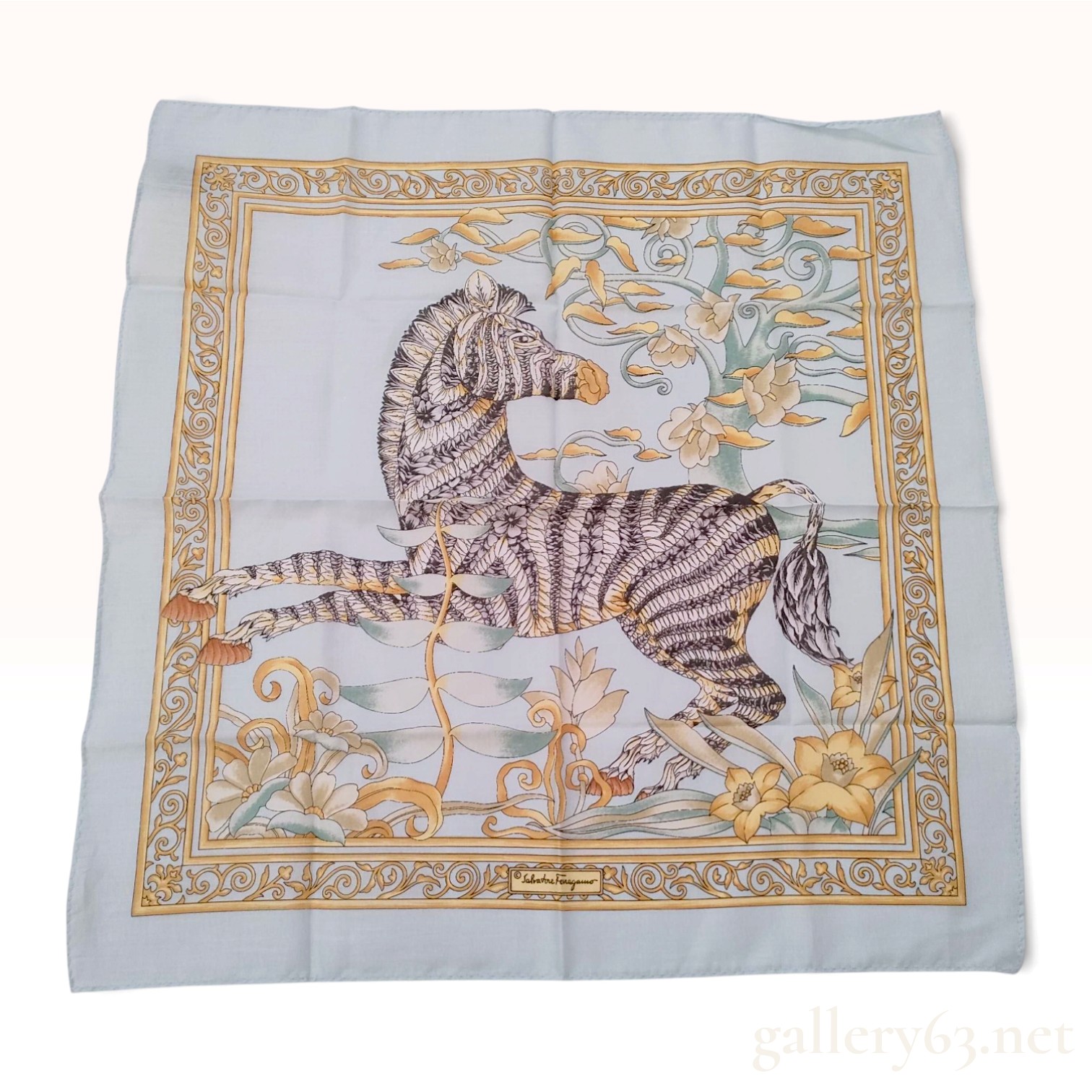 NWT Salvatore Ferragamo Zebra and Floral Light Blue Cotton Scarf