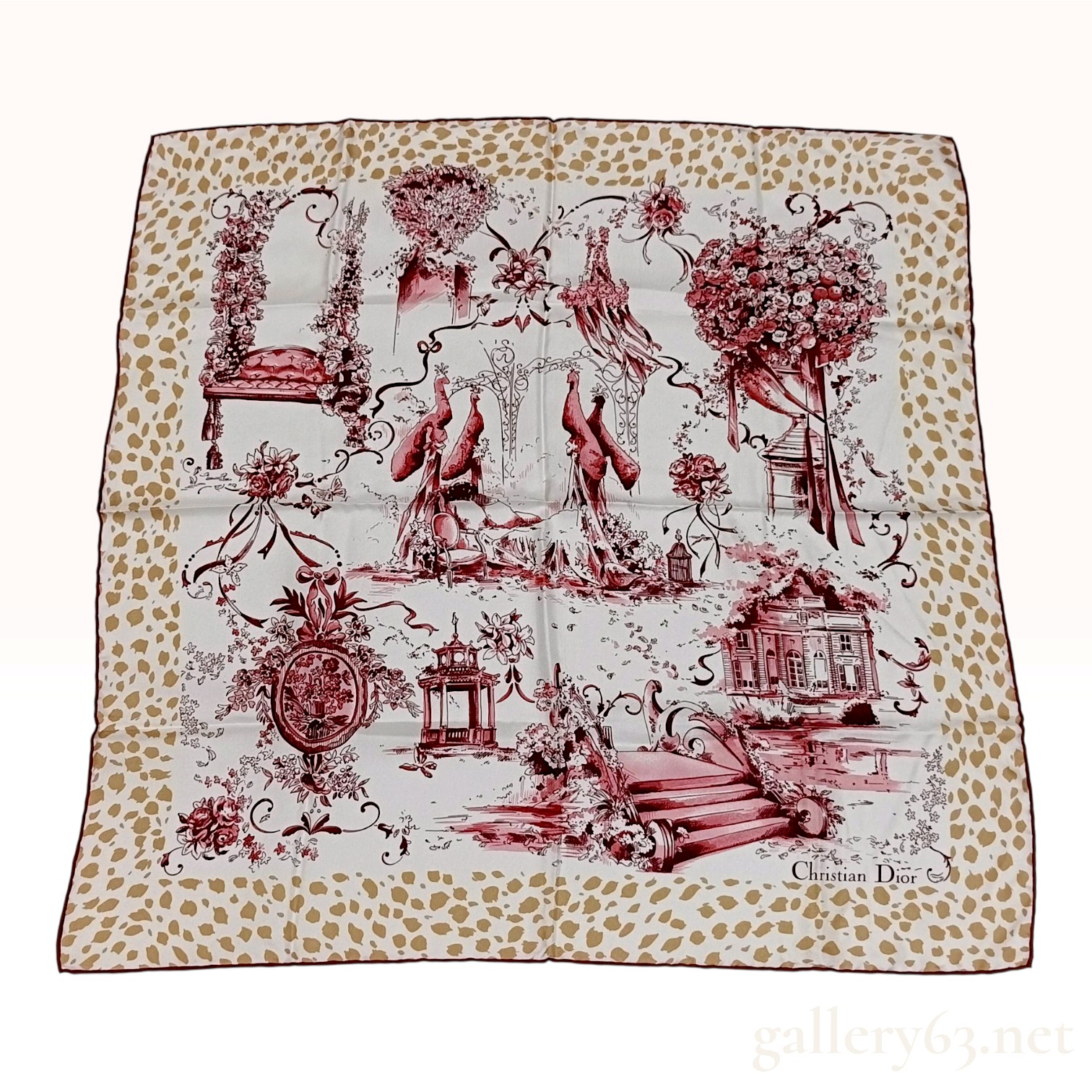 Christian Dior Toile de Jouy Garden and Animal Print Silk Scarf
