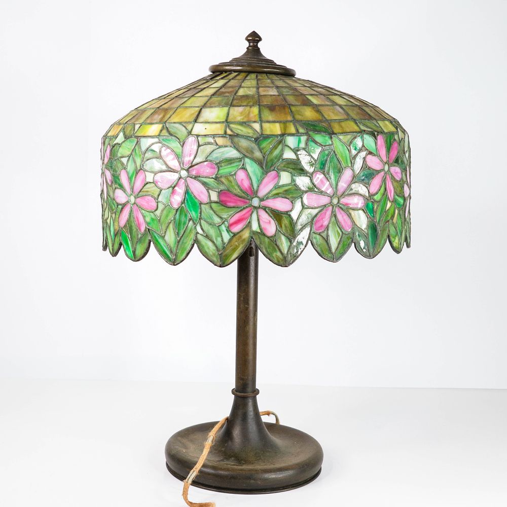 Vintage ornate floral leaded lamp. 16" in diameter. Handel or Unique. Vibrant floral leaded 