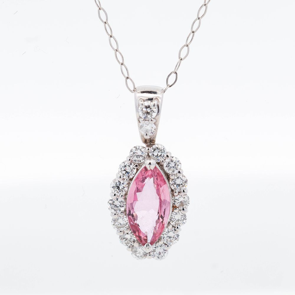 Platinum 1.013ct Pink Sapphire & 0.52ctw Diamond Cluster Pendant Necklace w/Gem Report, 18". An 
