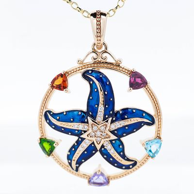 14KYG Enamel Starfish, Multigem & Diamond Enhancer Pendant/ Rolo 20". 14K Yellow Gold Enamel