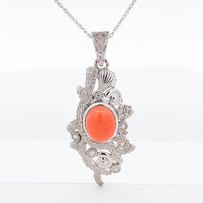 18KWG Chromia Collection Natural Formosa Pink Coral & Diamond Enhancer Pendant 18". 18K white
