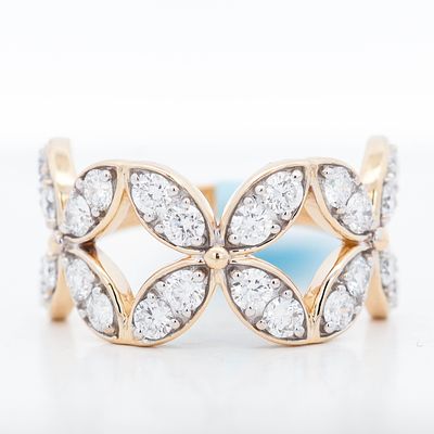 14KYG 3-Motif Four-Leaf Flower Design 1.50ctw Diamond Pave Ring, 7. 14K Yellow Gold Ring 3-Motif 
