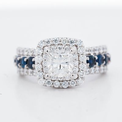 14KWG Vera Wang 0.50ctw Sapphire & 2.00ctw/1.00ctr Lab Grown Cushion Cut Diamond Ring. 14K White 