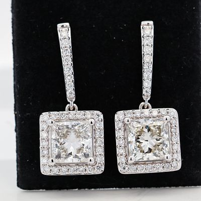 14KWG 7.00ctw Lab Grown Princess Cut Diamond Drop Earrings. 14K White Gold 7.00ctw Two center 