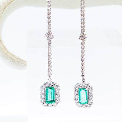 Platinum GIA Certified 1.557ctw Colombian Emerald & 1.28ctw Diamond Drop Earrings. Platinum