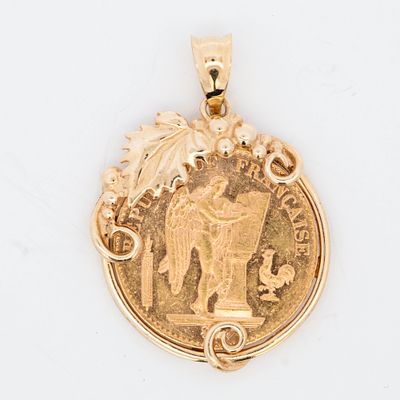 1893 20 Franc Gold Coin Pendant. Antique 1893 20 Franc french 90% pure gold coin with Guardian