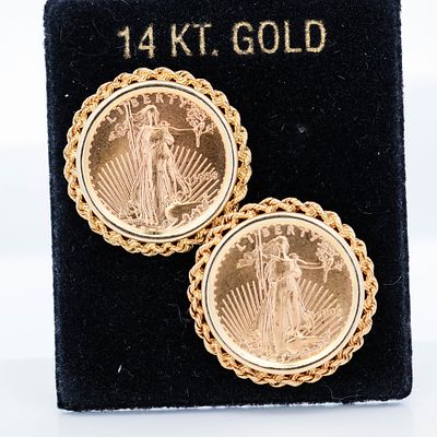 24K/14KYG 1996 Liberty Coin Bezel Earrings. Metal : 14-karat yellow-gold bezels and posts; coins