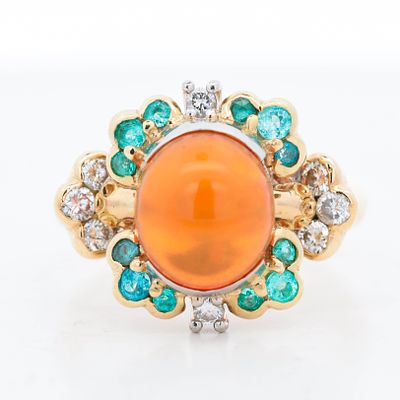18KYG 4.03ct Fire-Opal, Paraiba Tourmaline & Diamond Cluster Ring, 8. Centered by a vivid 4.03