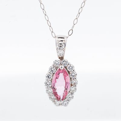 Platinum 1.013ct Pink Sapphire & 0.52ctw Diamond Cluster Pendant Necklace w/Gem Report, 18". An