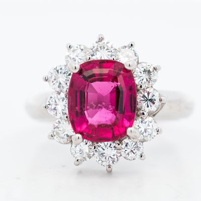 PT900 2.73ct Rubellite & 1.22ctw Diamond Cocktail Ring, 6. A 2.73 ct vivid purplish-red