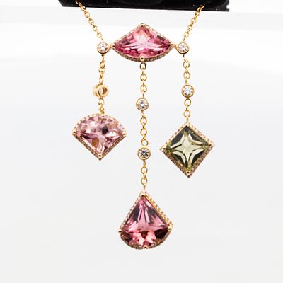 18KYG 10.01ct Multicolor Tourmaline & Diamond Dangle Necklace, 19". 18KYG Necklace having a