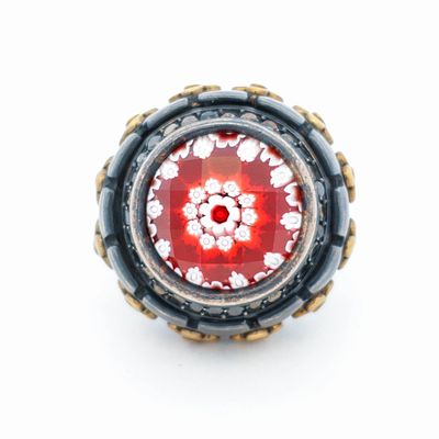 Large Gothic ring with millefiori center. Amazing Gothic sterling and gold ring with Millefiori