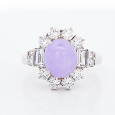 PT900 2.77ct Lavender Jade & 1.18ctw Diamond Halo Ring, 5.75. A 2.77 ct translucent lavender