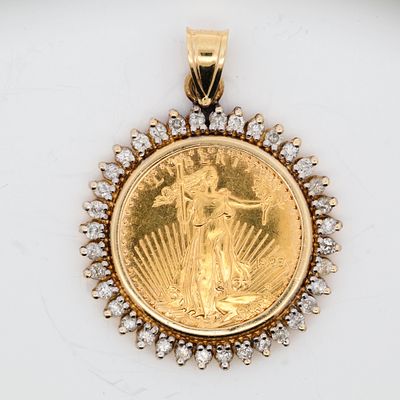 Gold Eagle $10 Coin Pendant w/ Diamond Bezel. 1/4 oz USA Gold Eagle 14K gold natural diamond
