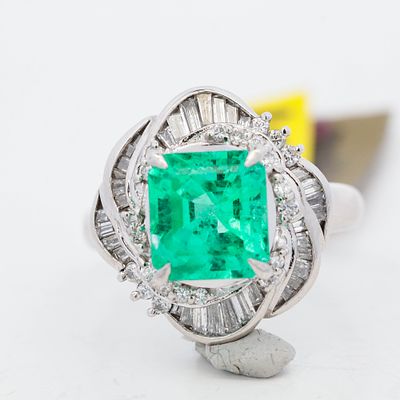 Platinum GIA Certified 2.95ct Colombian Emerald & 0.70ctw Diamond Ring, 7.75. Platinum cocktail