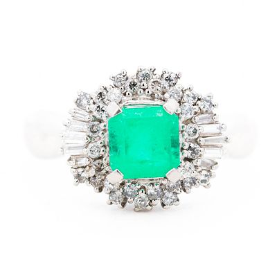 Platinum 1.00ct Emerald & 0.50ctw Natural Diamond Halo Ring, sz 7.75. From jewelry store with $3 