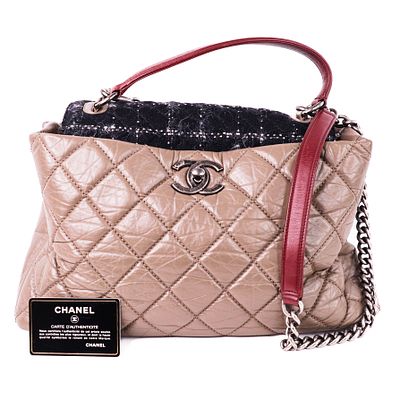 Chanel Portobello Top Handle Bag – Grey Quilted Leather & Black Tweed Flap 18 Series w/Card. Auth 