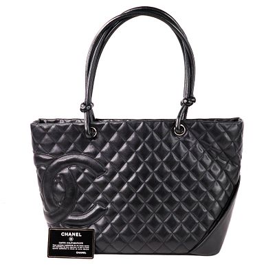 Chanel 9-Series Cambon Tote w/ Authenticity Card – Black Quilted Leather with CC Logo. Classic 