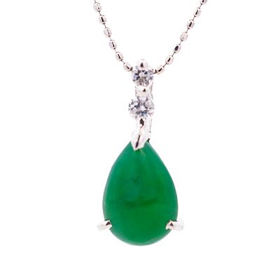 Platinum 900/850 2.23ct Pear Cabochon Jadeite & Diamond Necklace 16". Vintage platinum 850 