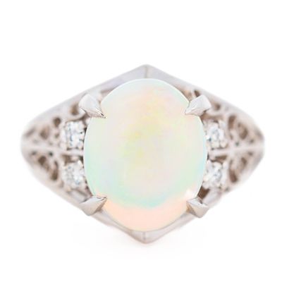 Pt900 2.27ct Natural Cabochon Opal & Diamond Filigree Ring, size 5. Mounting | Platinum Pt 900 