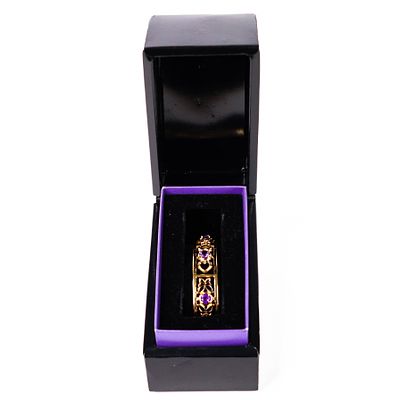 Hanae Mori Gold‑Plated Sterling Silver & Amethyst Cuff with Box. Open‑work cuff bangle with 