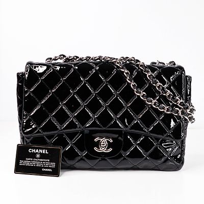 CHANEL Matelassé 30 Black Patent Single Flap Bag w/Box & Card. Brand: CHANEL 
Model: Deauville 