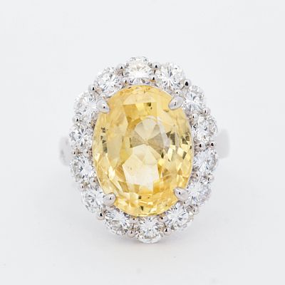 GIA Certified Pt900 12.12ct No Heat Ceylon Yellow Sapphire & 2.38ctw Diamond Ring, Size 6.25. Typ 