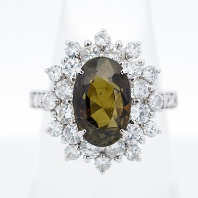 GIA Pt950 4.08ct Sri Lanka Color Change Alexandrite & 1.78ctw Diamond Ring, Size 6. Metal: 