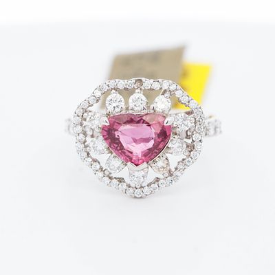 Pt900 GIA 2.137ct Ruby & 0.83ctw Diamond Heart Halo Ring, 6.5. A platinum pavé-set statement 