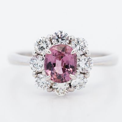 Pt950 1.20ct Spinel & 0.82ctw Diamond Cluster Ring, 6.75 w/Report. Crafted in high-fineness 