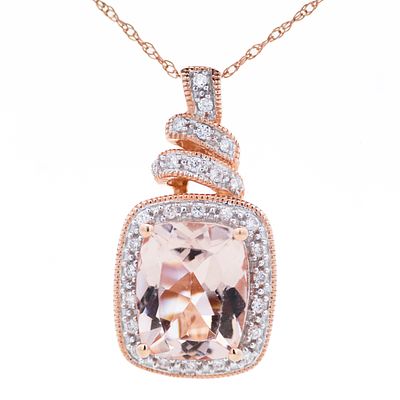 14K RG Morganite & Diamond Pendant Necklace 18". A 2.50ct blush-pink morganite sits at the 