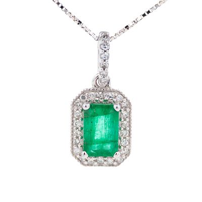 14K WG .70ct Emerald & Diamond Pendant Necklace 18". 14k white gold pendant set with a .70ct 