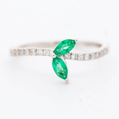 14K WG Emerald & Diamond Garden of Angels Ring, size 7. Two vivid 6mm emeralds sit in 14k white 