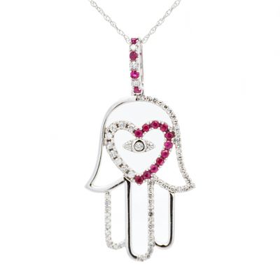 14K WG Ruby & Diamond Hamsa Pendant Necklace 18". A 14k white gold Hamsa pendant accented with 