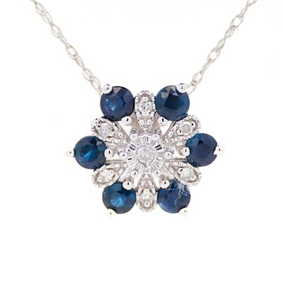14K WG Sapphire & Diamond Pendant Necklace 18". A 14k white gold flower-style pendant set with 